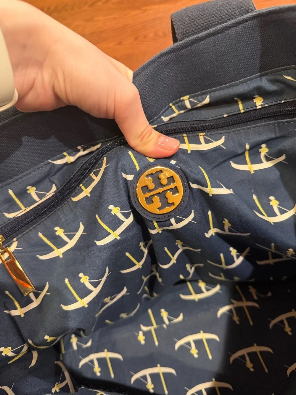 Tory Burch Navy Canvas Tote with Logo Emblem